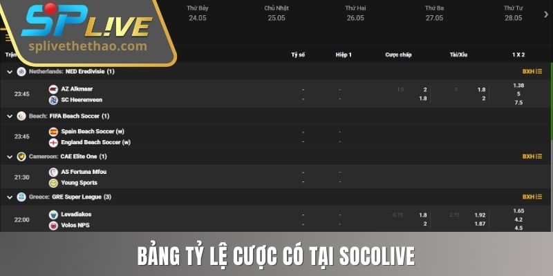 Bảng tỷ lệ cược có tại Socolive